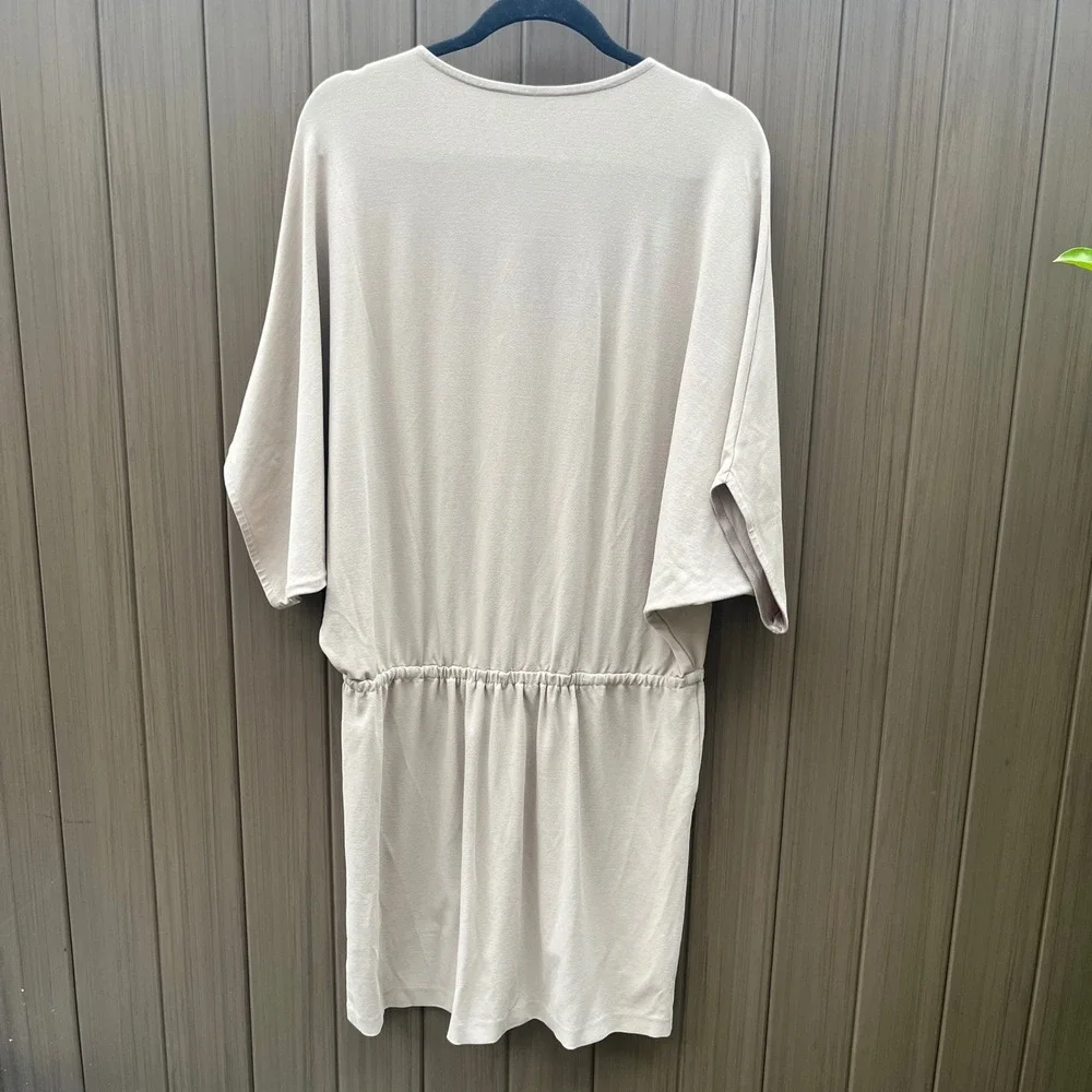 Lafayette 148 New York Drawstring Waist Dress Medium Beige V-Neck Dolman Pockets - Picture 4 of 12